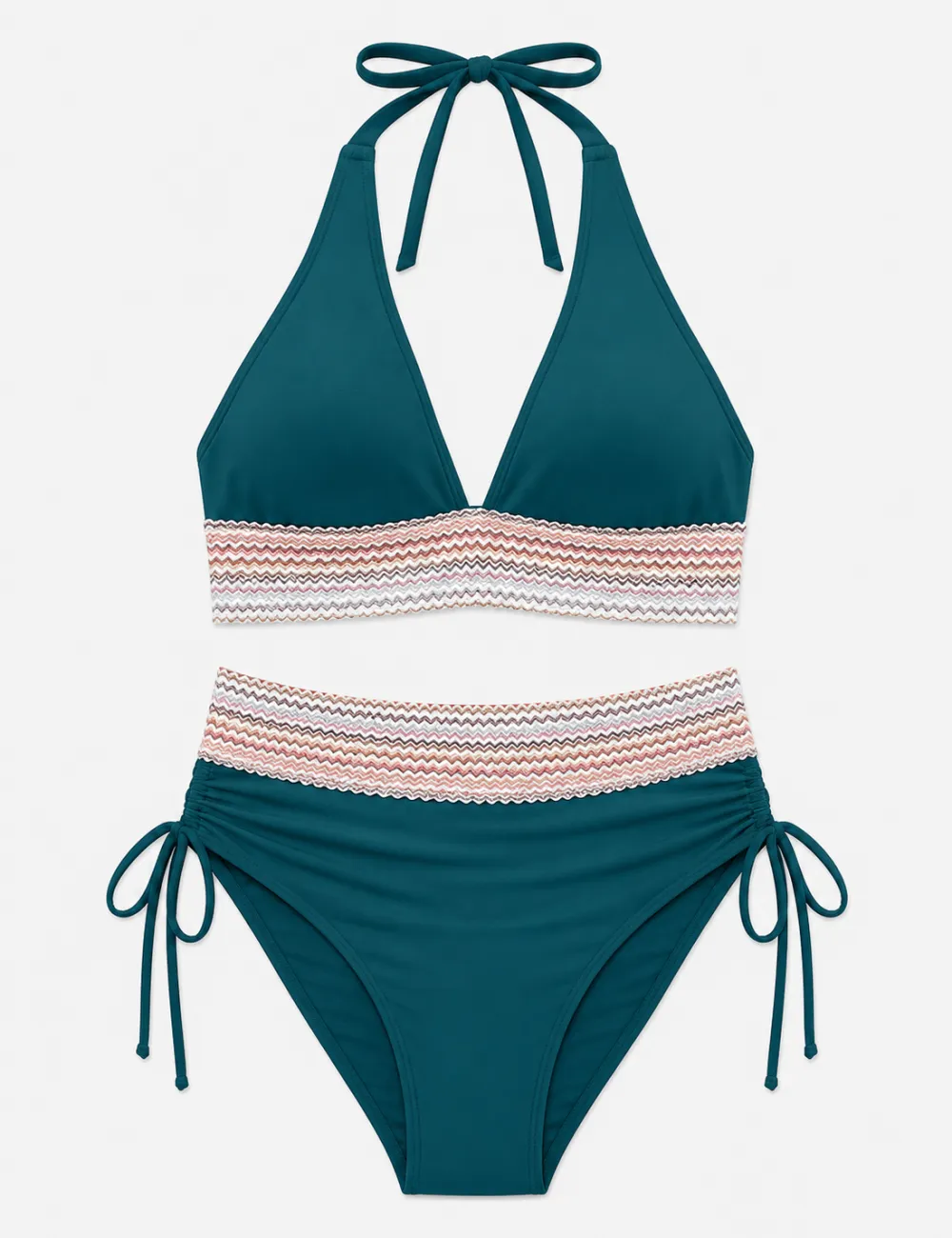 Deep V Neck Colorful Zigzag Smocked Trim Bikini Set