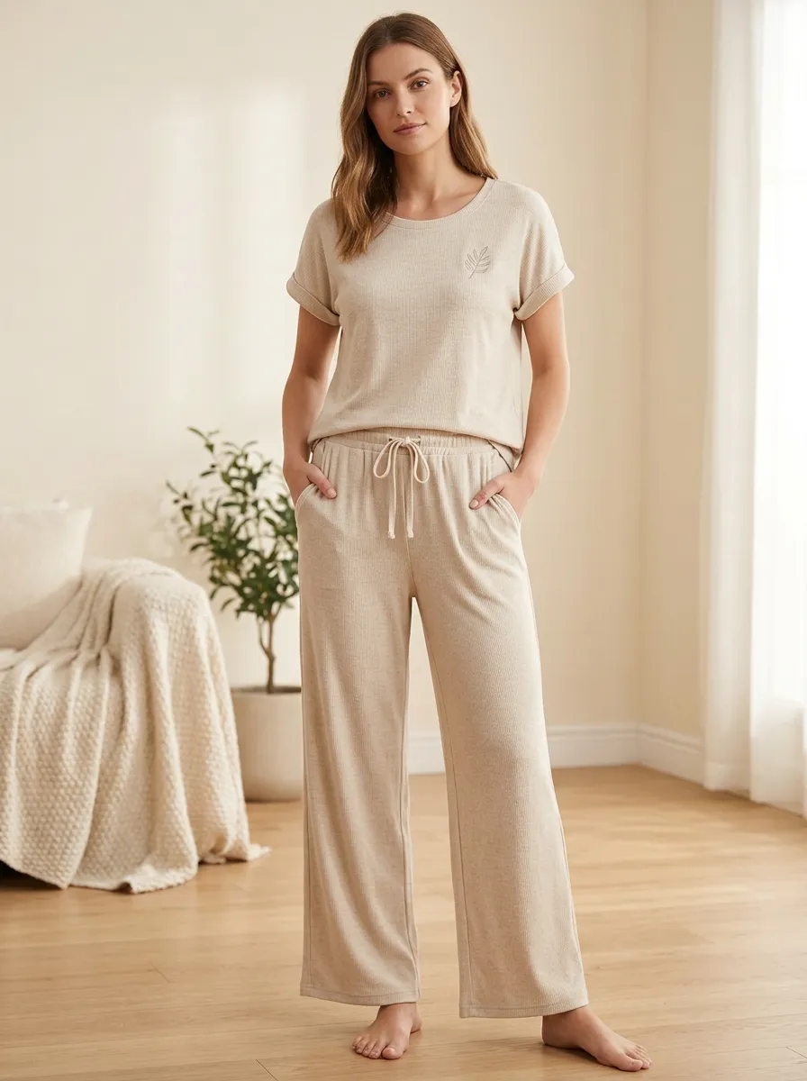 Everyday Ribbed Wide Leg Daily Wear Women's T-Shirt and Wide Leg Lounge Set