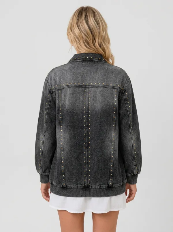 Women's Vintage Washed Black Studded Embellished Denim Jacket