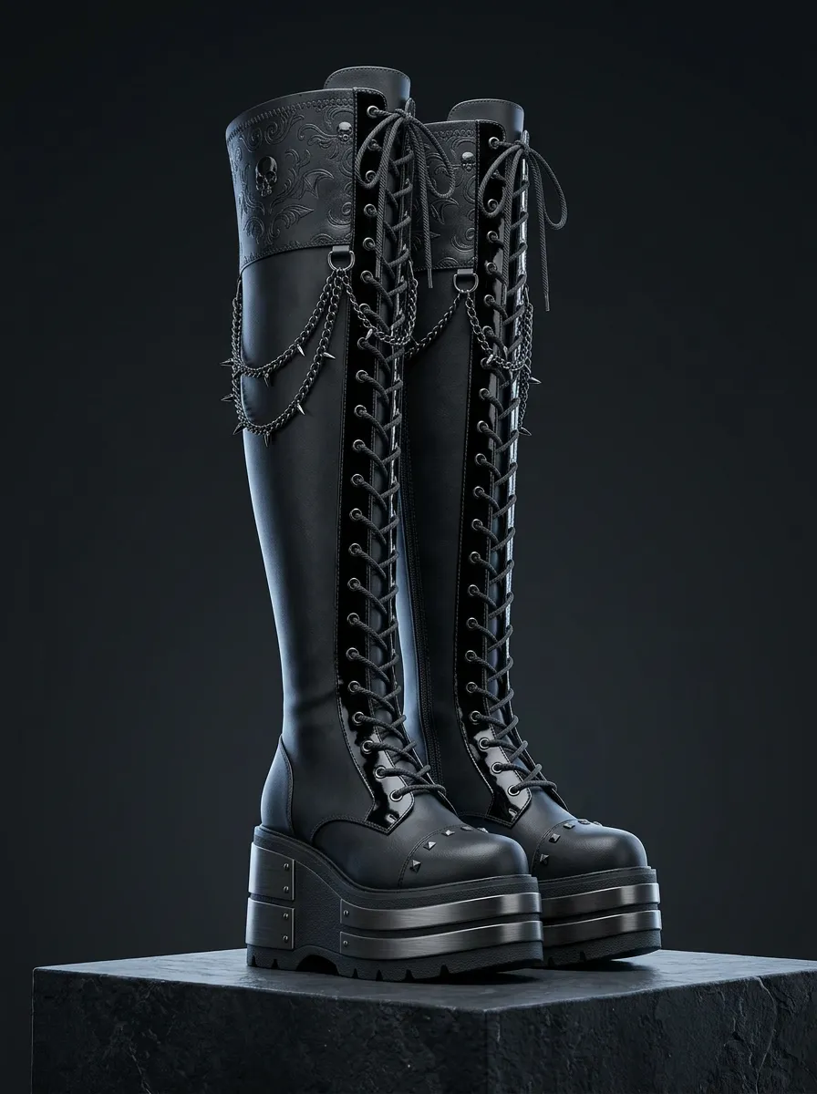 Ritual-Inspired Skull Chain Embossed Street Look Women's Gothic Platform Boots