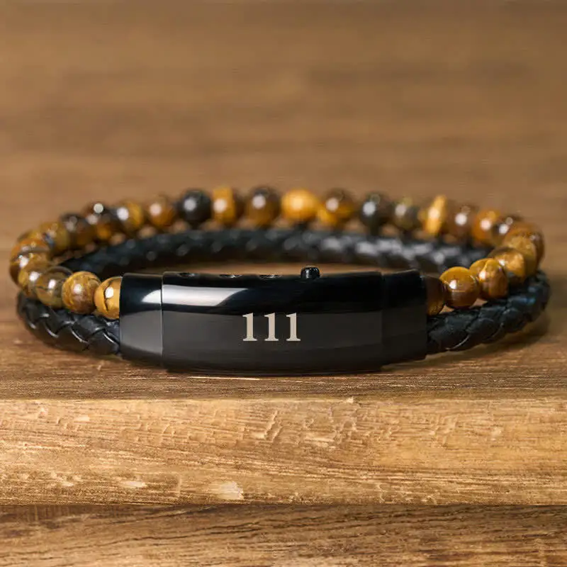 Tiger Eye Angel Numbers Double Wrap Leather Bracelet