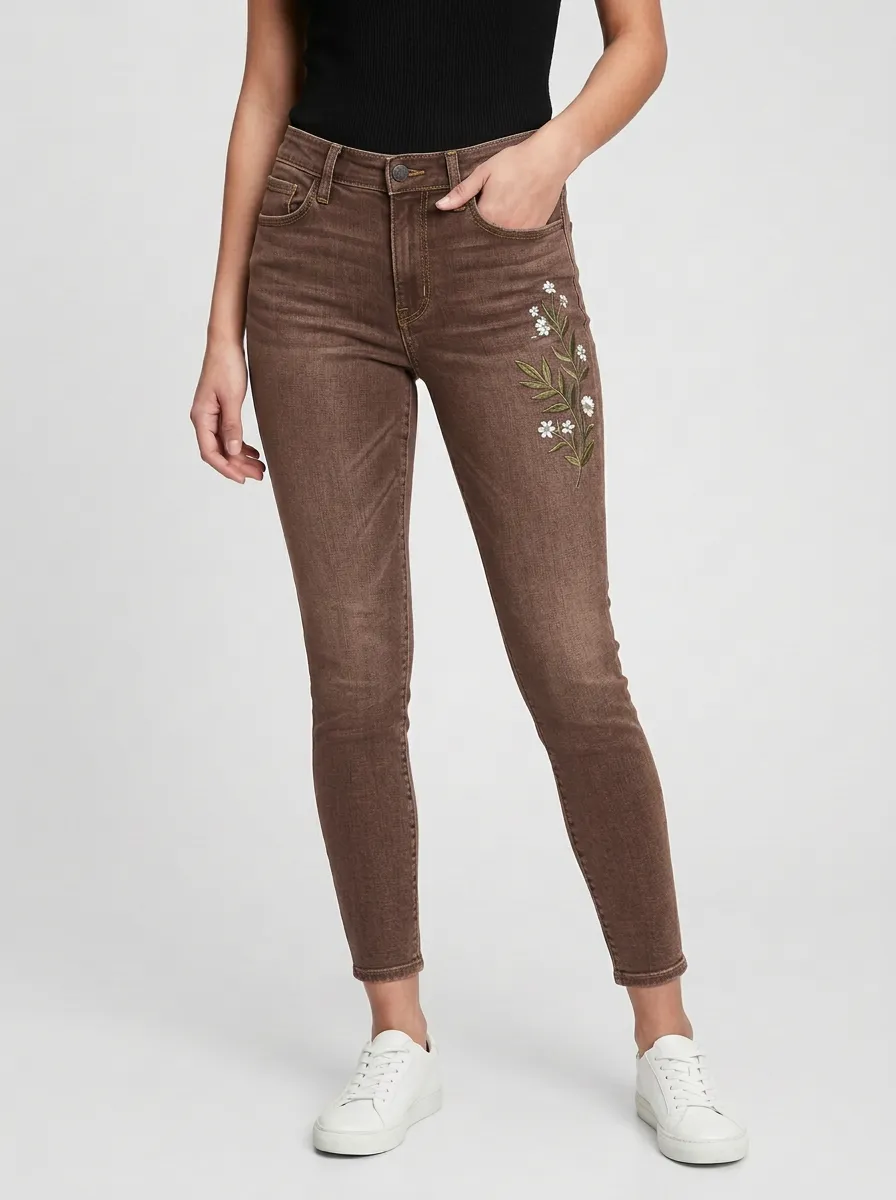 Women's Ridge Floral White Flower Embroidered Graphic Slim Jeans