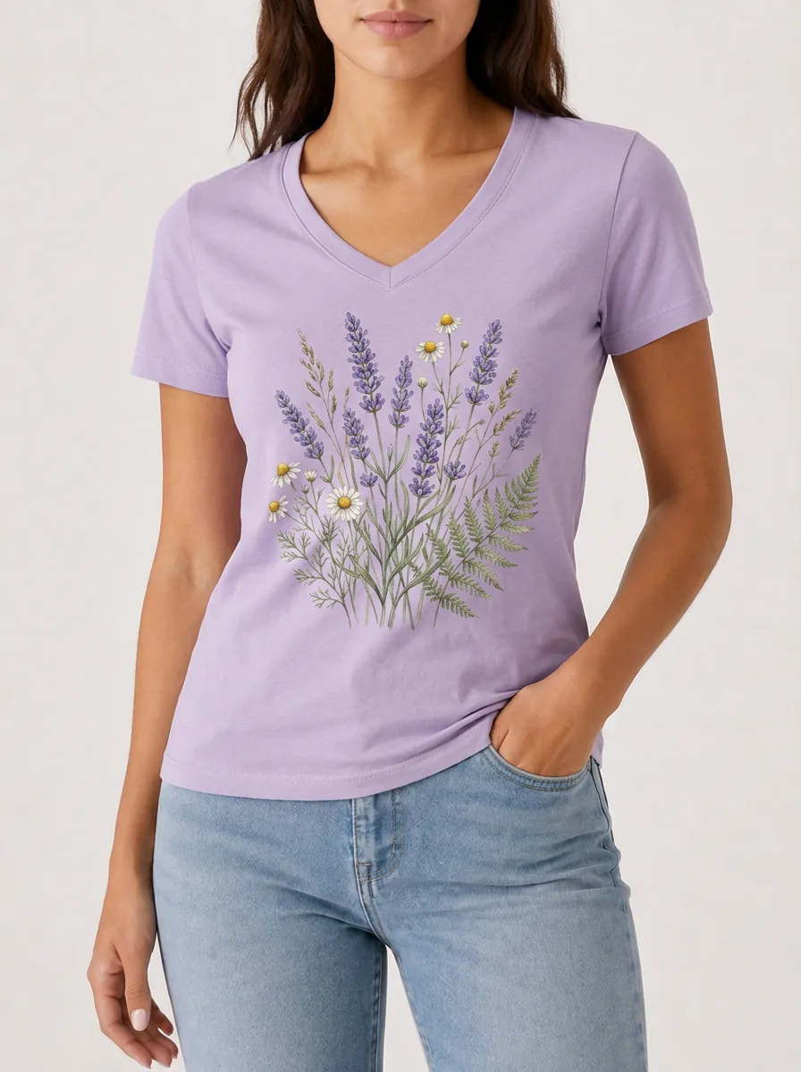 Women's Lavender Daisy Botanical Printed V-neck T-shirt