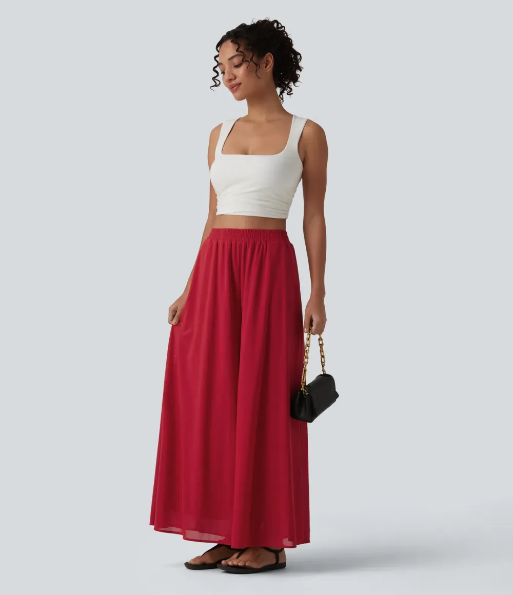 High Waisted Pocket Mesh Overlay Wide Leg Casual Pants