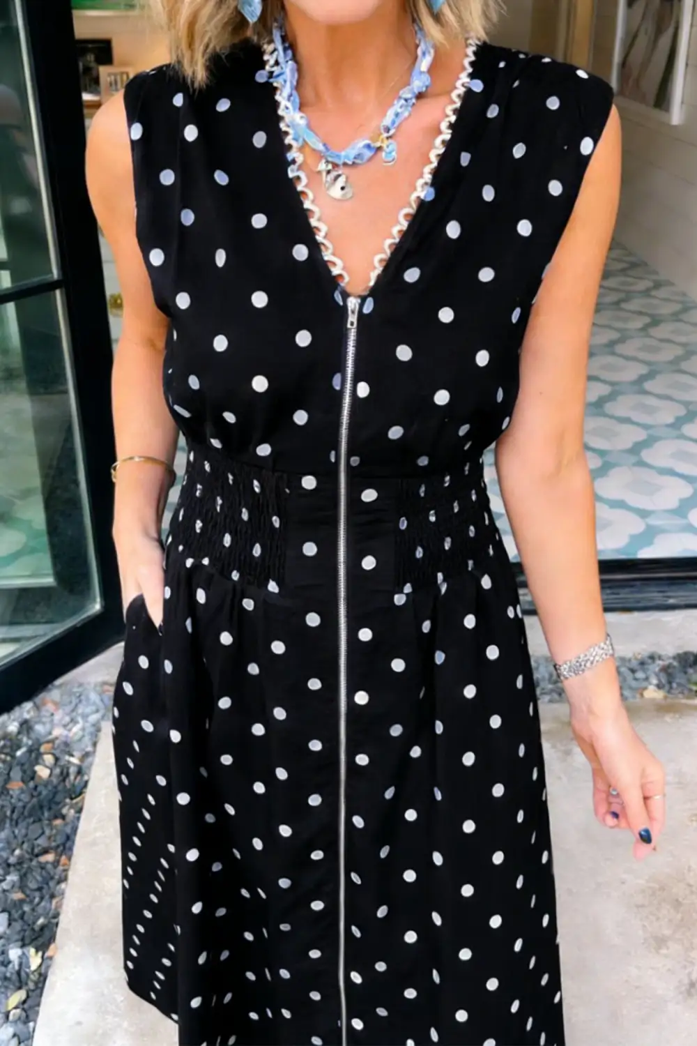 Maxi Polka Dot Print Contrast Trim V Neck Zip Everyday