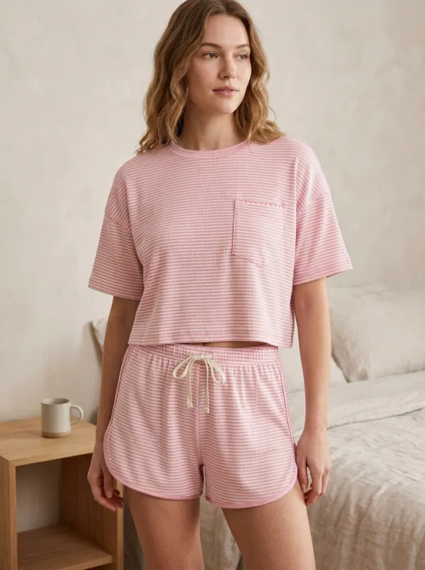 Women's Casual Lounge Purple Striped Pocket Printed Pajama Set
