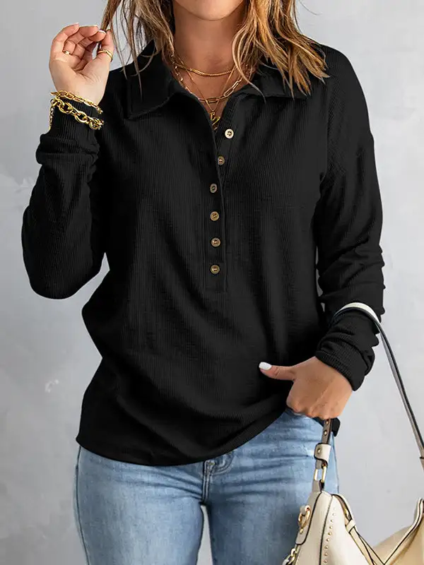 Long Sleeve Relaxed Button Detail Panel Detail Lapel T-Shirt