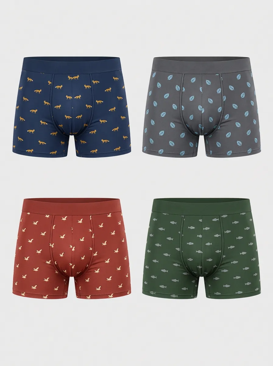 Men's Heritage Nature Animal Pattern Fox Leaf Bird Fish Printed Boxer Briefs 4-Pack