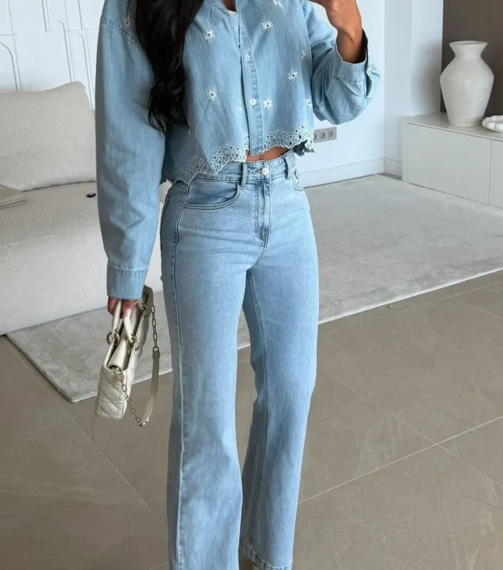 Embroidered Cropped Denim Shirt