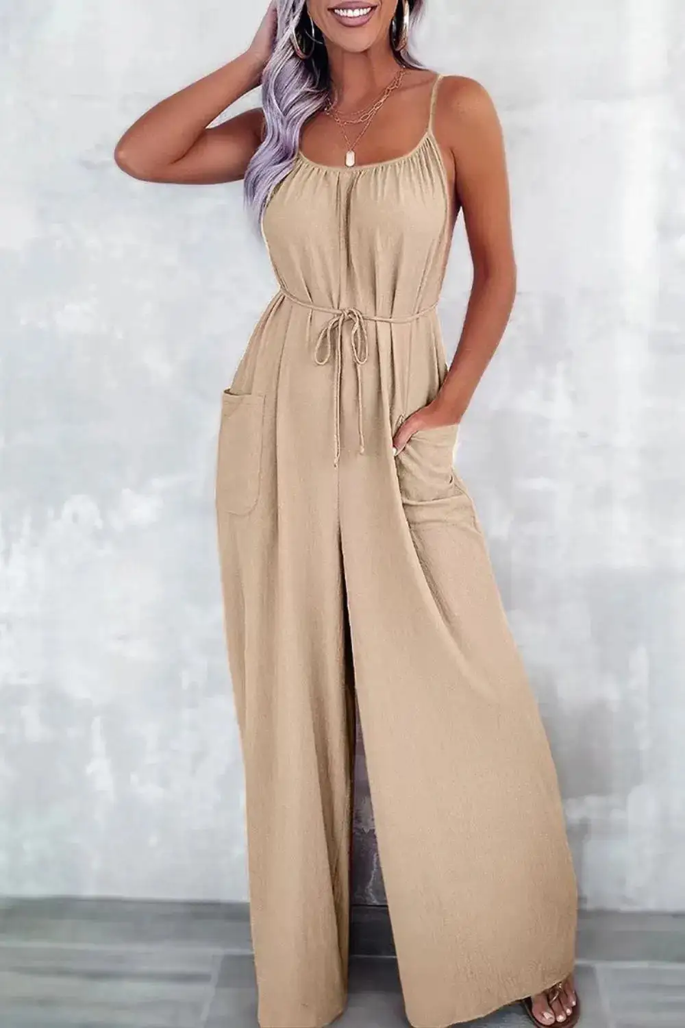 Casual Spaghetti Strap Wide Leg Jumpsuit Accessory