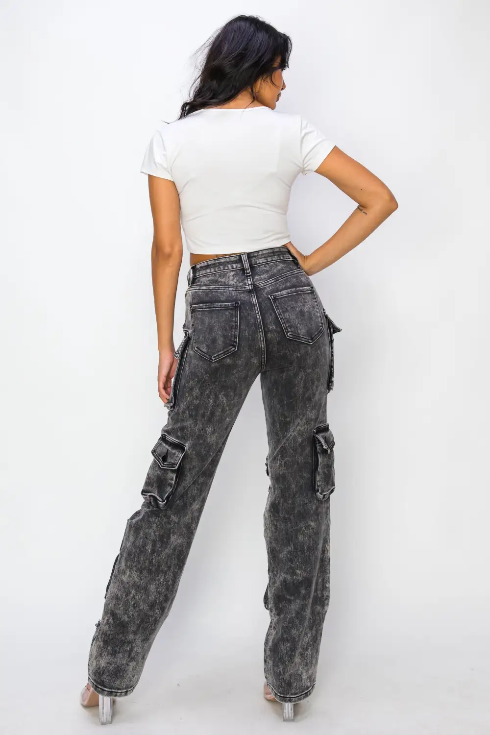Mid-Rise Washed Cargo Jeans
