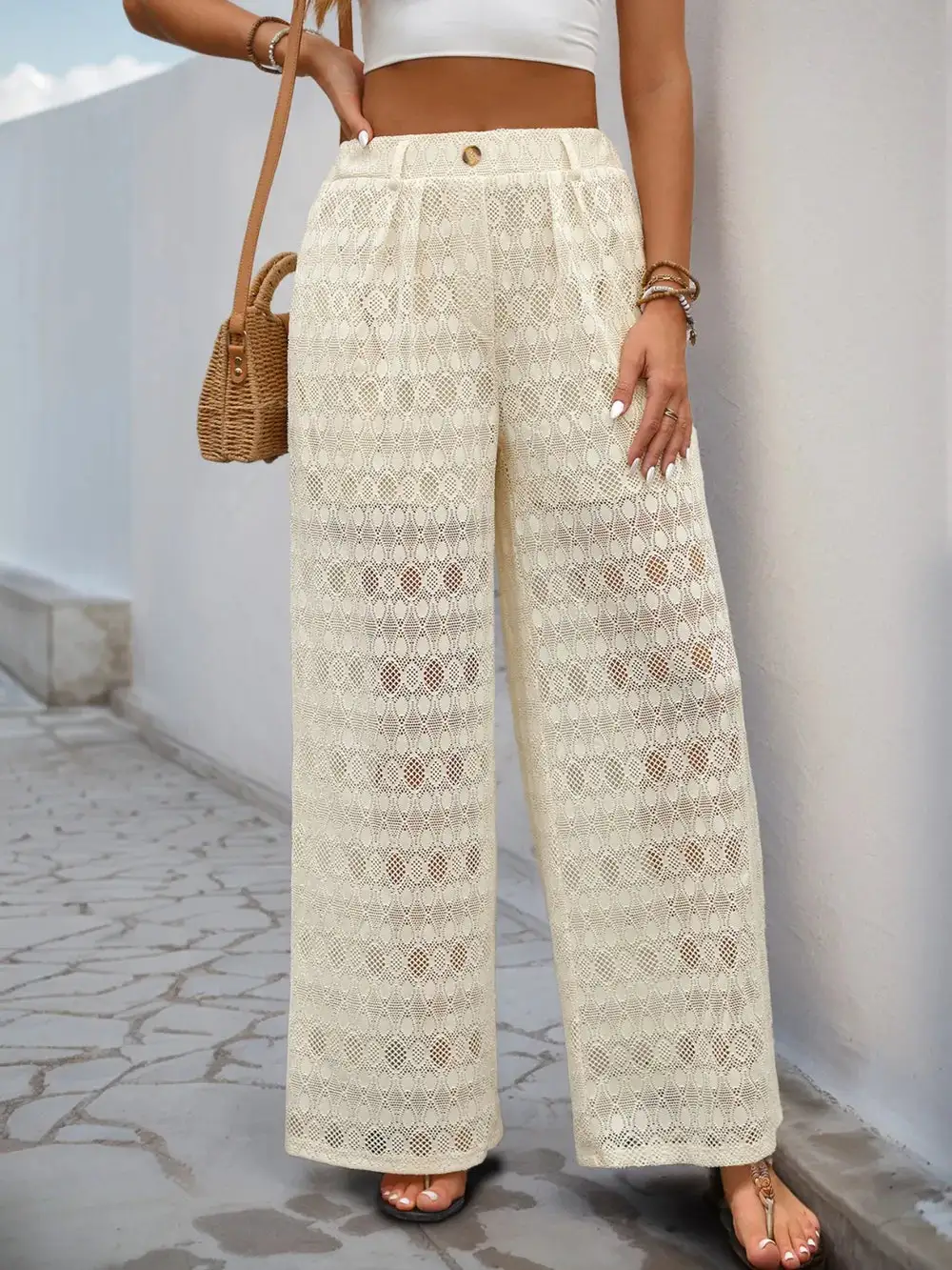 Wide Leg Button Detail Pocketed Casual Pants