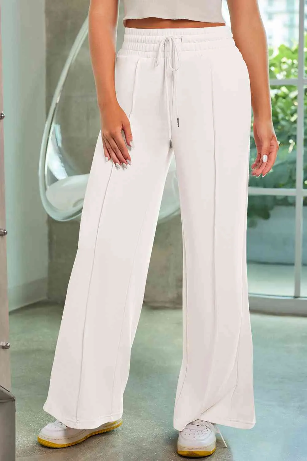 Polished Drawstring Wide Leg Pants With Pocket