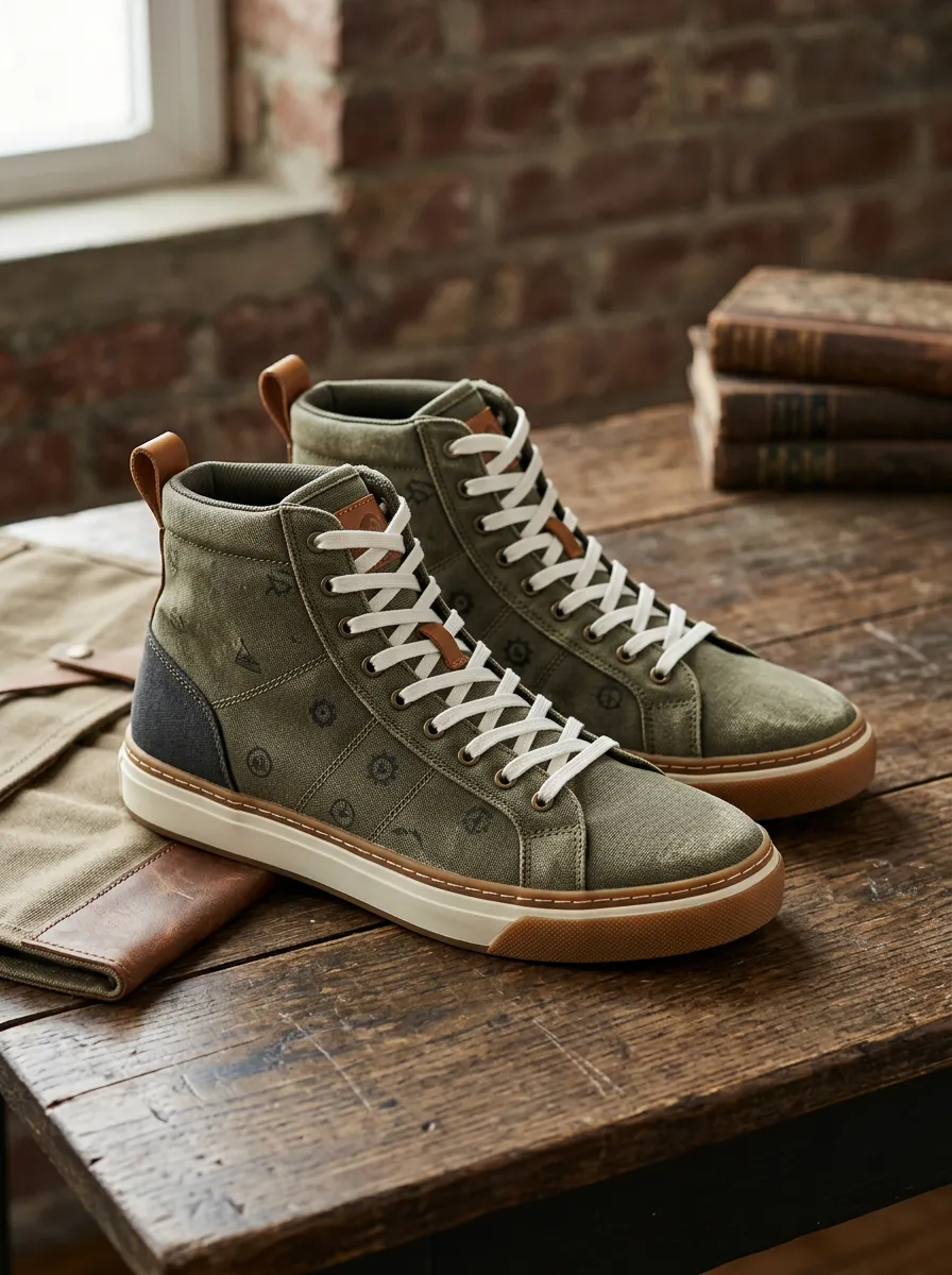 Men's Vintage Olive Geometric Pattern Printed Canvas Shoes