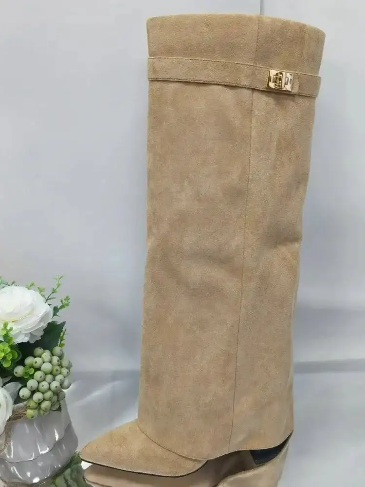 Suede Thigh Tall Boots Buckle  Heeled Boots