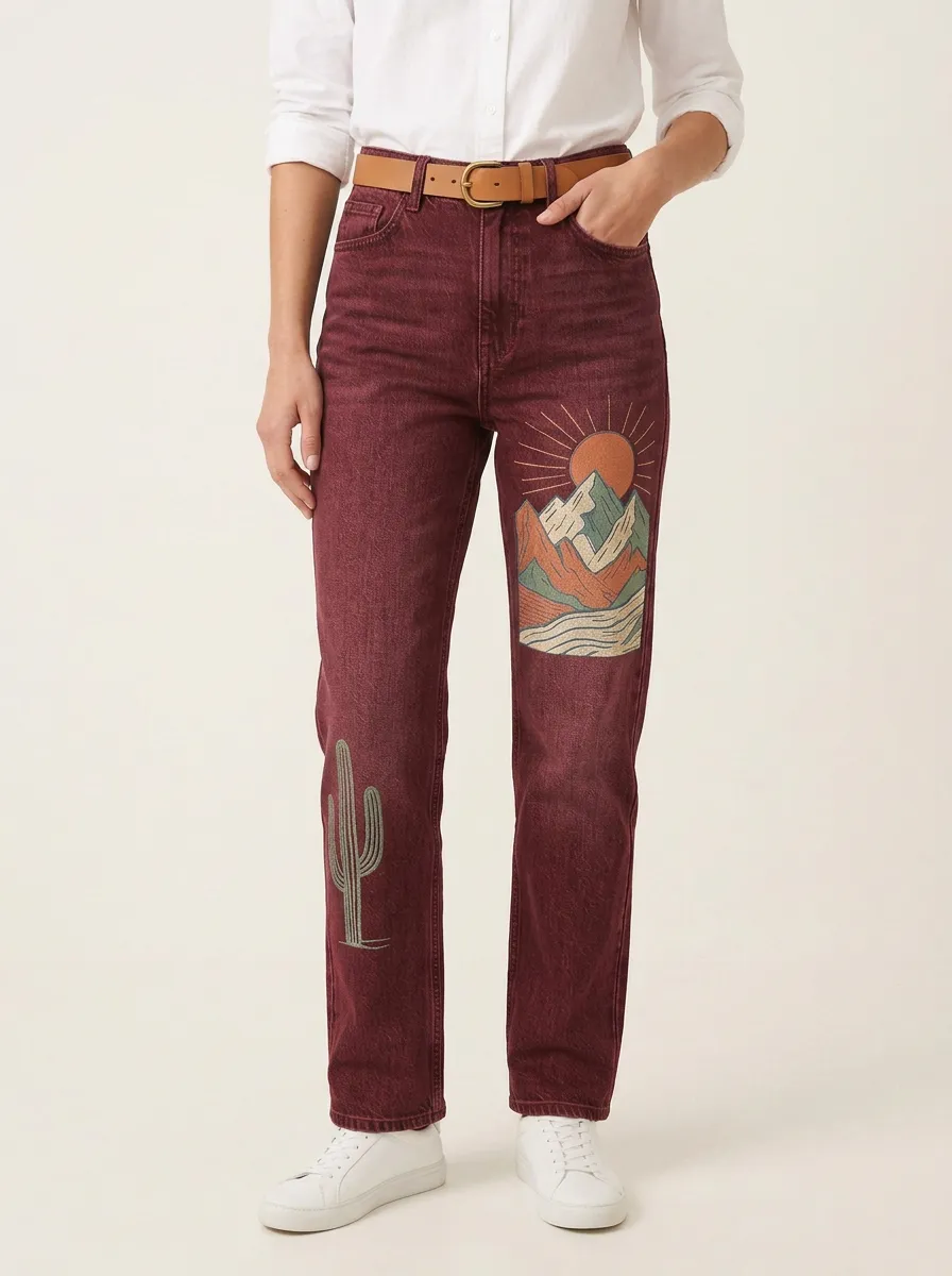 Women's Desert Nature Lover Mountain Cactus Printed Straight Jeans