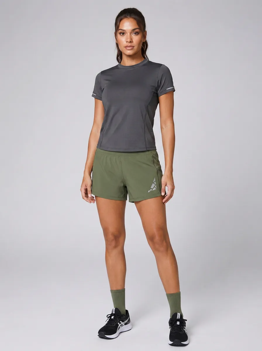 Women's Charcoal Crew Neck Short Sleeve Tee and Olive Athletic Shorts Set