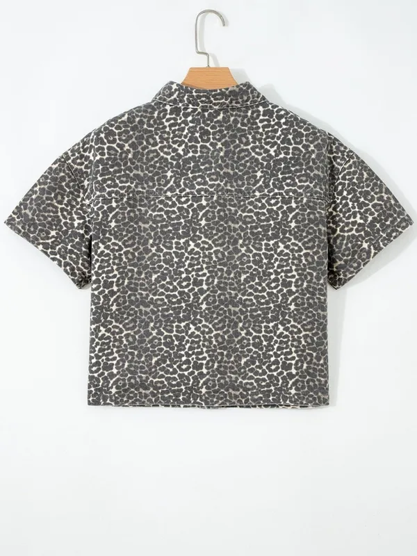 Leopard Print Short-Sleeve Denim Shirt