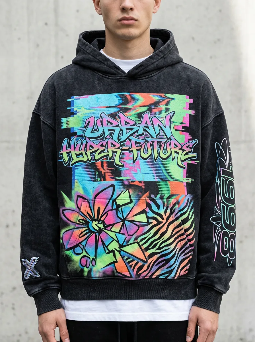 Men's Streetwear Graffiti Floral Glitch Hoodie