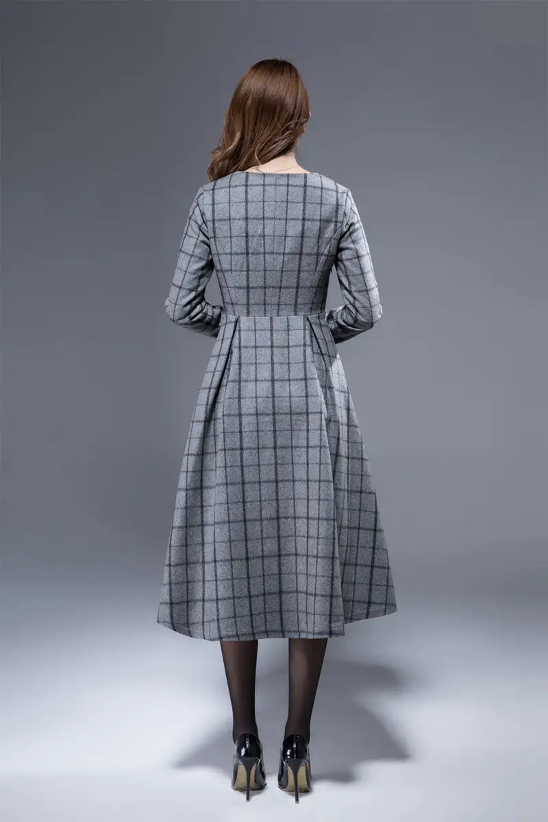 Plaid Wool Blend Tiered Long Sleeve Midi Dress