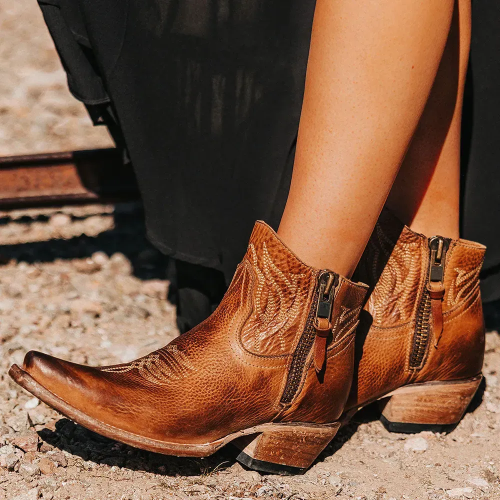 Faux-Leather Distressed Embroidered Zip-Up Western Boots