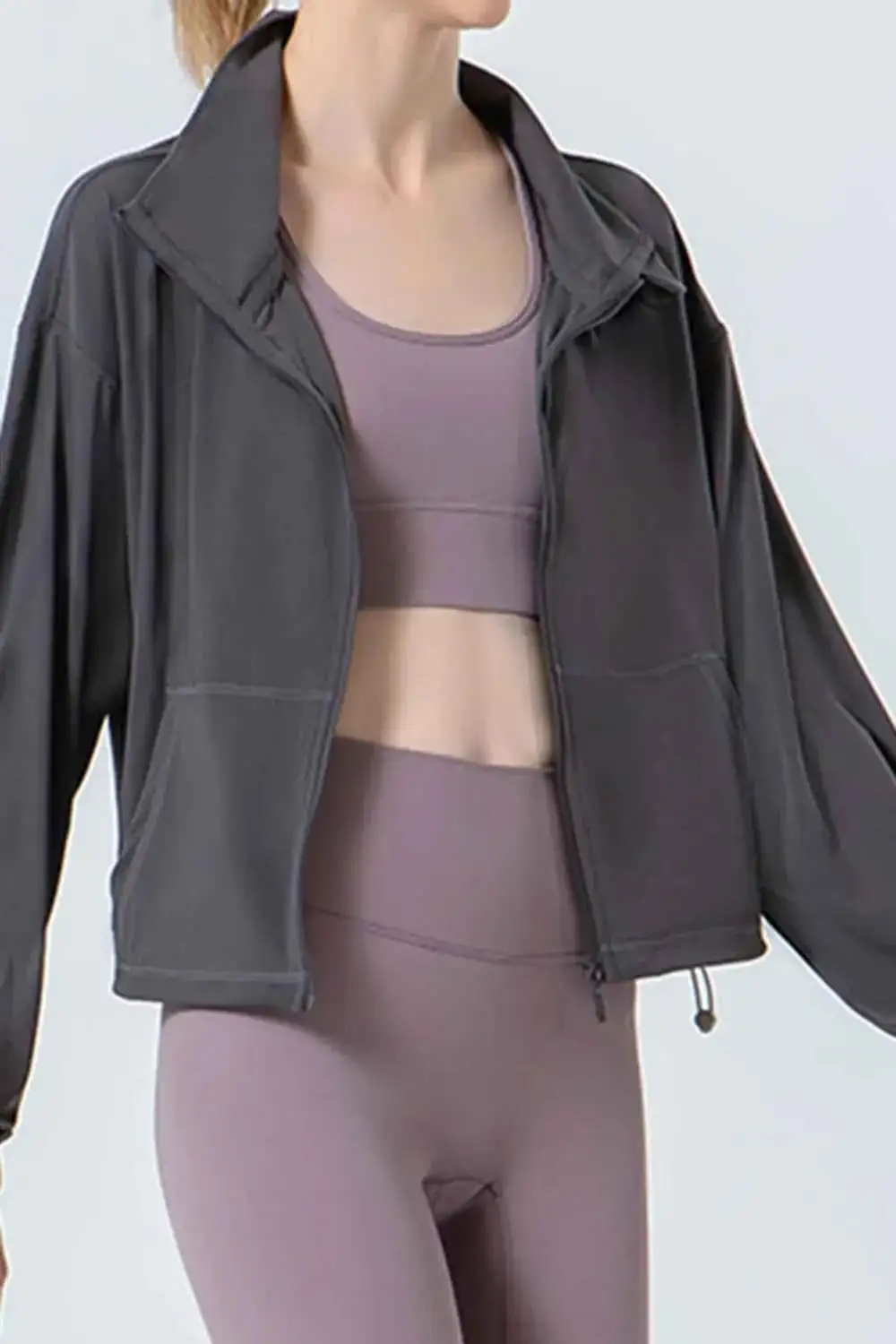 Drawstring Zip-Up Dropped Shoulder Active Outerwear