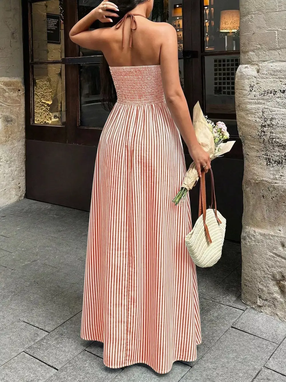 Classic Striped Halter Neck Maxi Dress