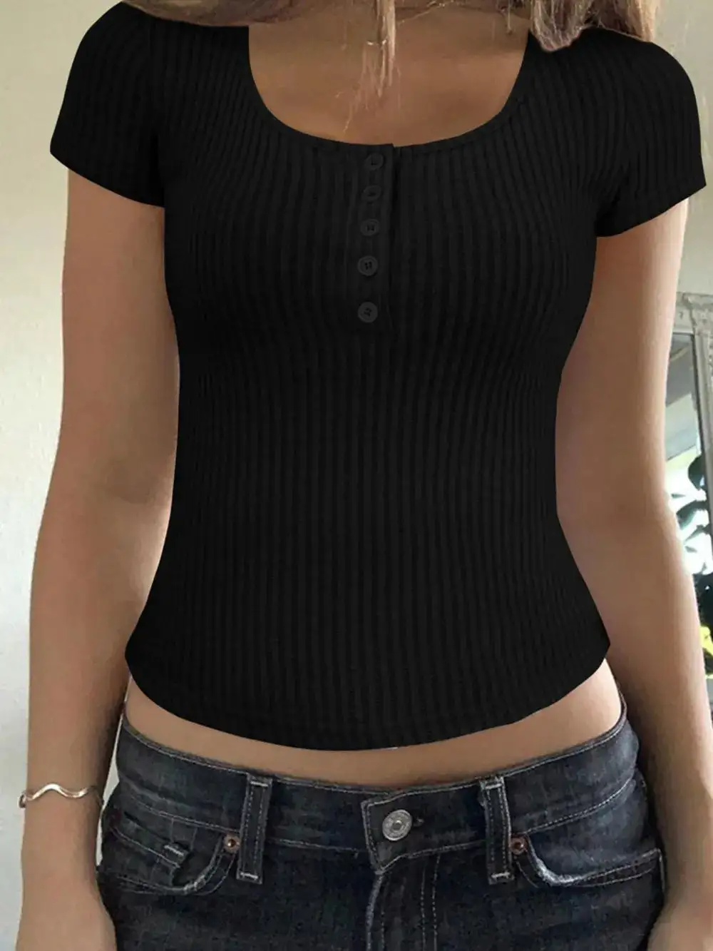 Ribbed Button Detail Round Neck Short Sleeve T-Shirt