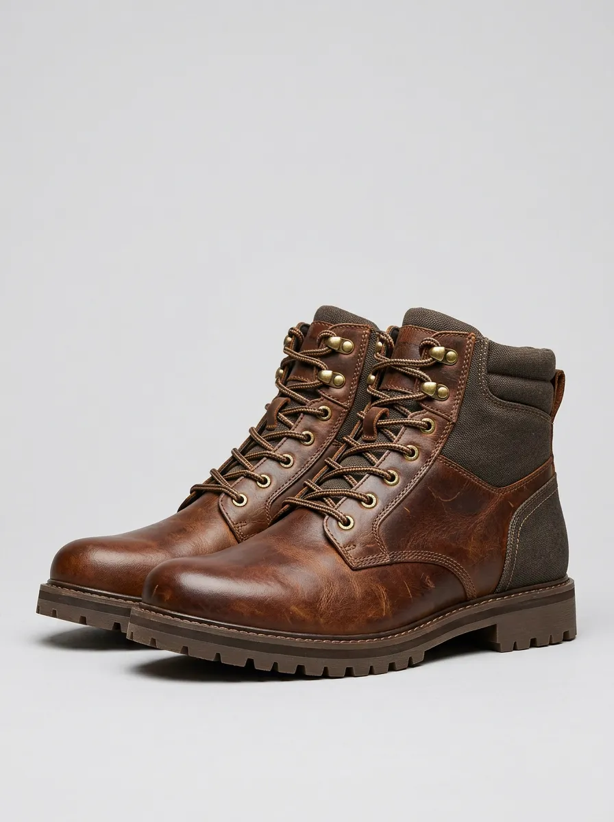 Men's Canvas-Detail Leather-Look Work Boots