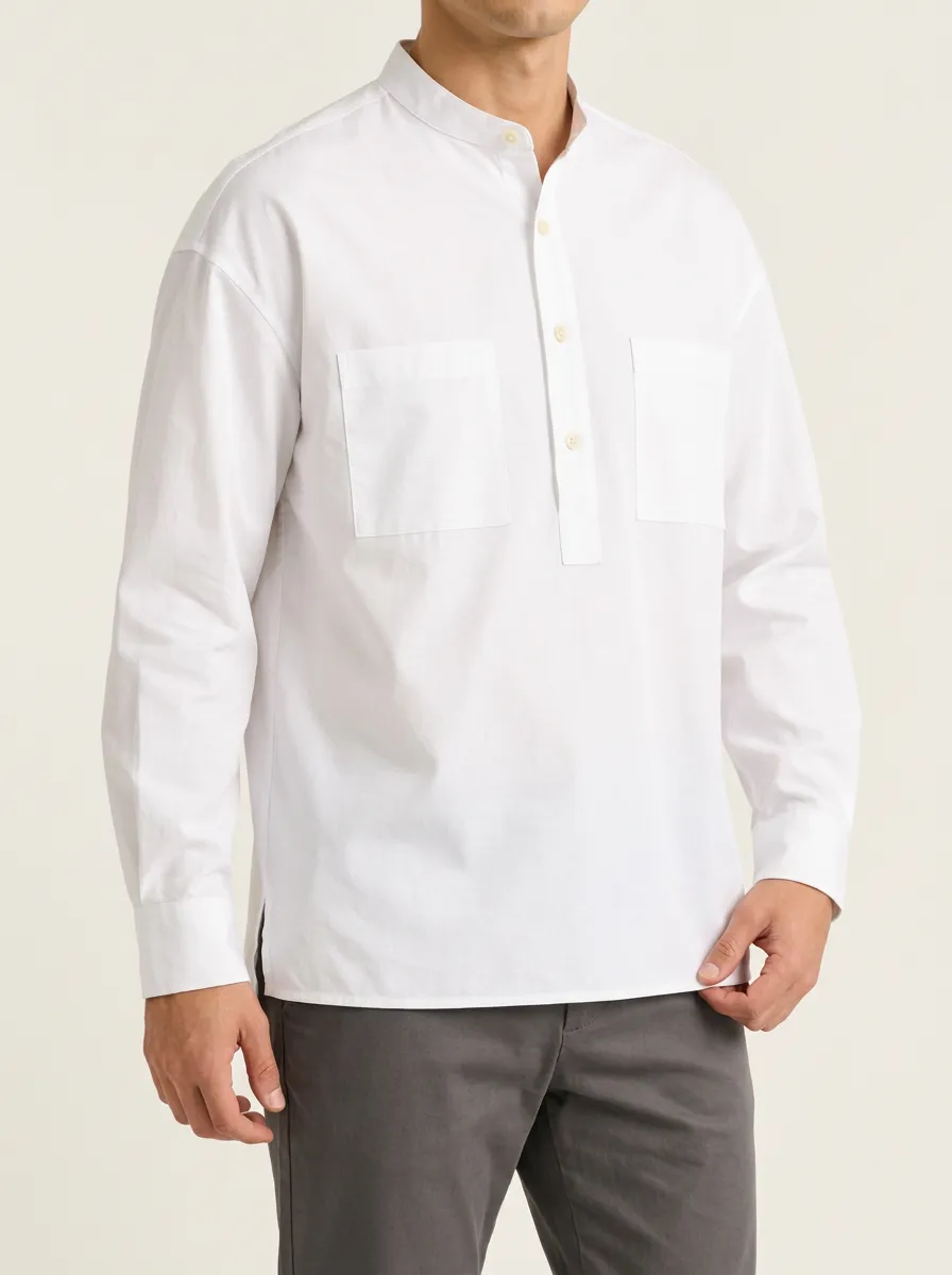 Unisex Long Sleeve White Mandarin Collar Shirt