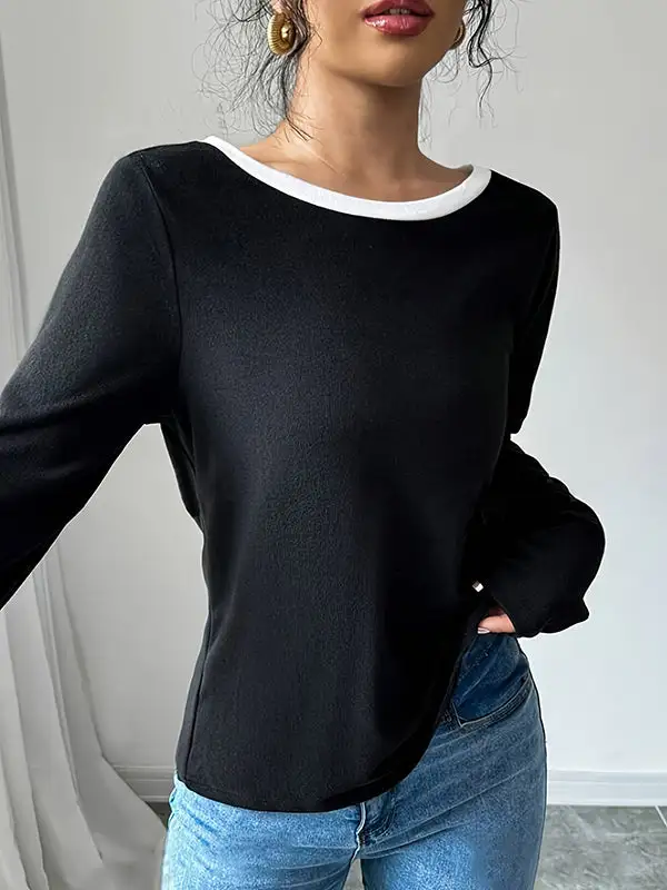 Long Sleeve Relaxed Bowknot Cutout Split Back Panel Detail Round Neck T-Shirt
