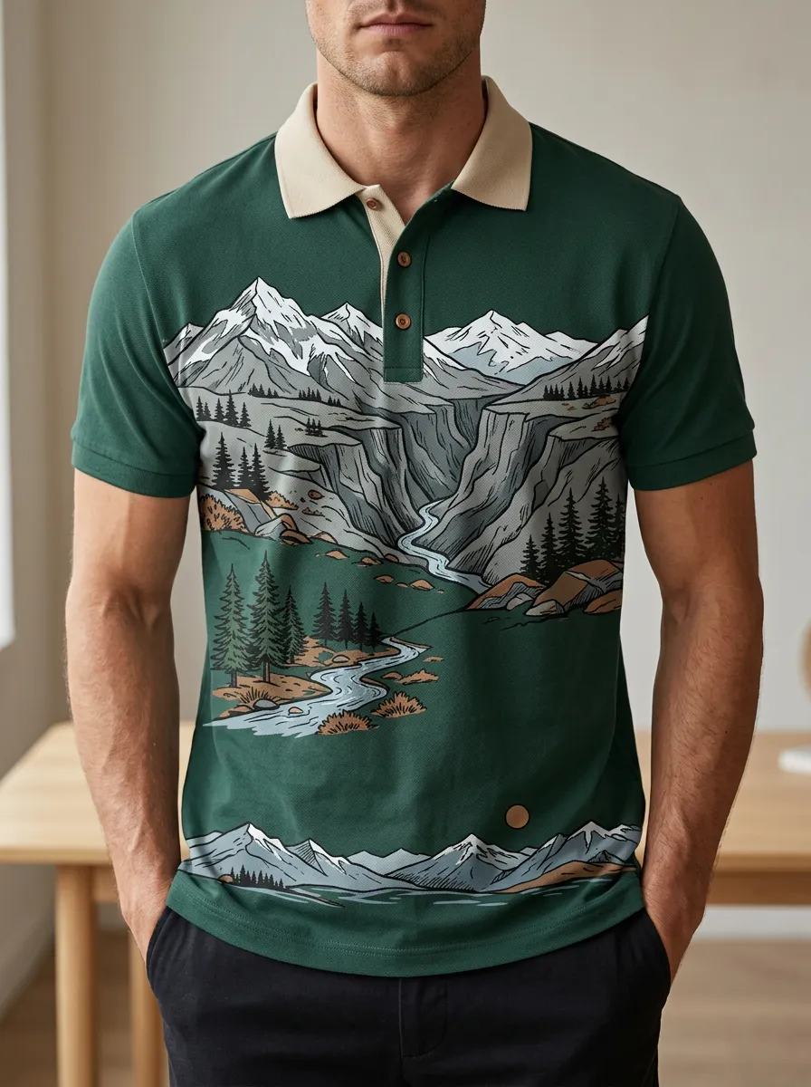 Men's Nature Outdoor Lover Mountain River Printed Polo Shirt