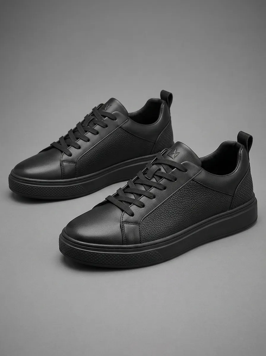 Men's Minimalist Black Textured Leather Casual Sneakers