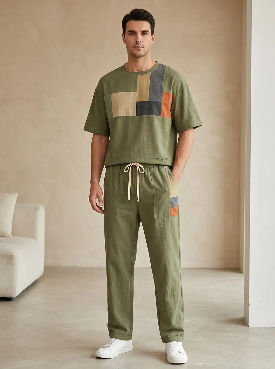Men's Casual Colorblock Patchwork Printed Lounge Set Modern Pattern