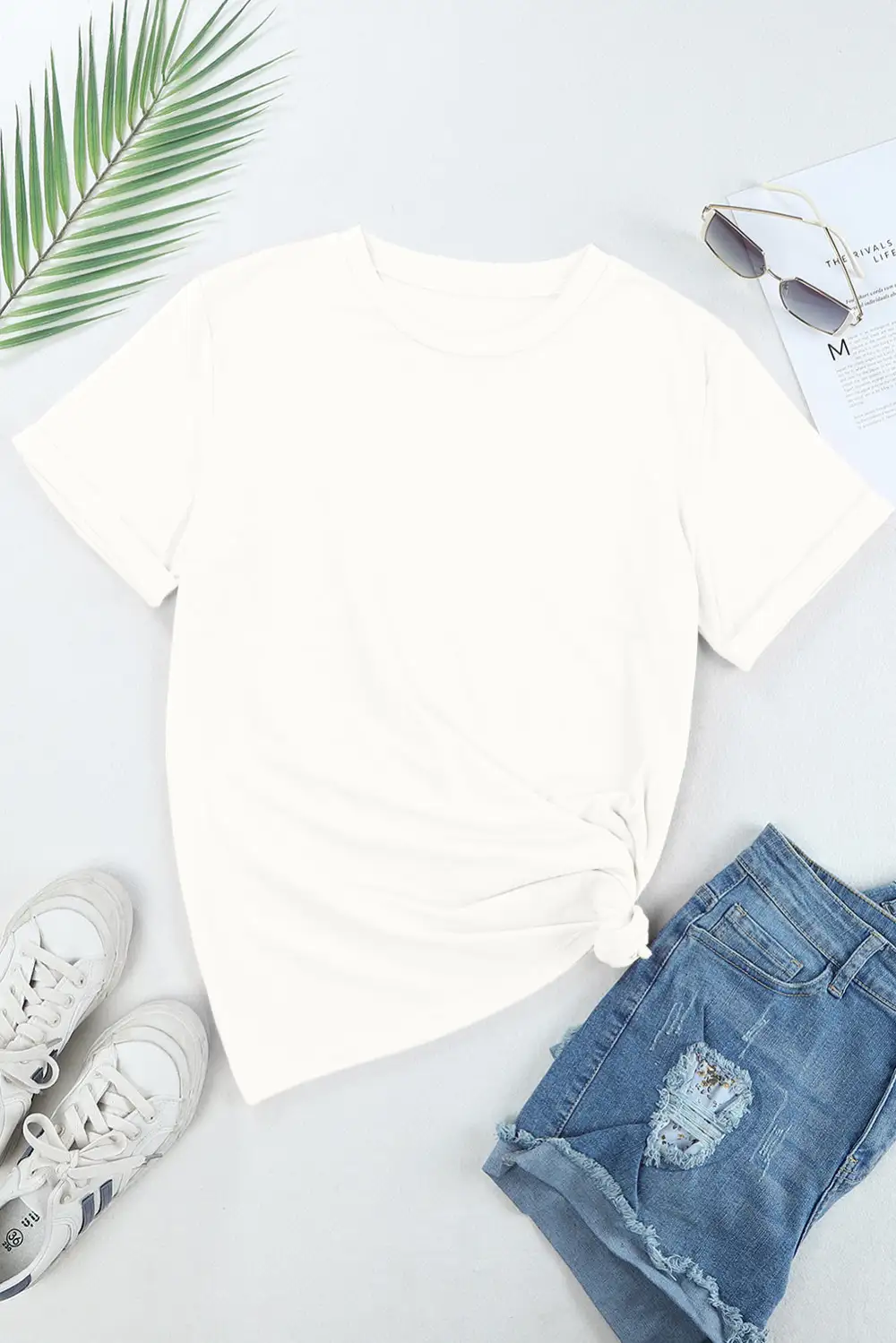 White Casual Plain Crew Neck