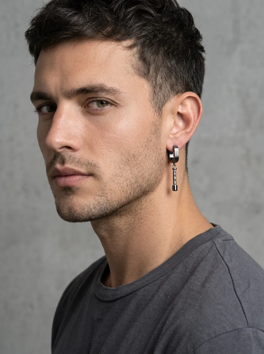Men's Streamlined Stainless Steel Bar Dangle Hoop Earrings