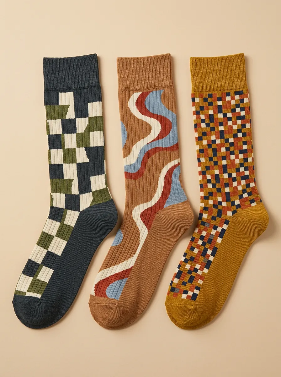 Men's Retro Geometric Wavy Pattern Printed Three Pack Socks Everyday Design