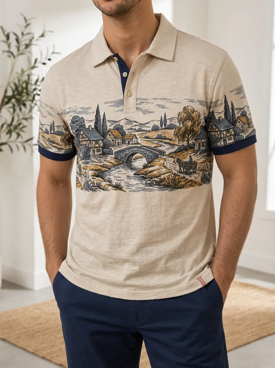 Men's Vintage Countryside Landscape Printed Polo Shirt