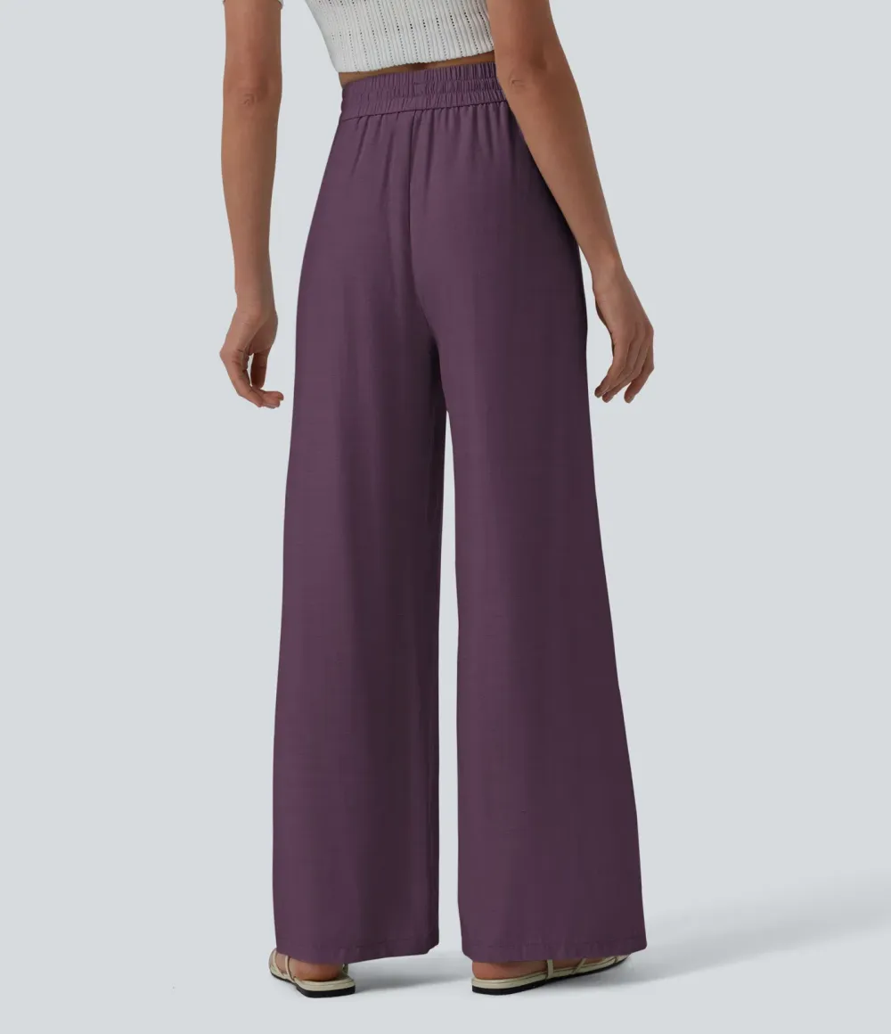 2026🔥High Waisted Drawstring Wide Leg Casual Linen-Blend Trousers with Pockets