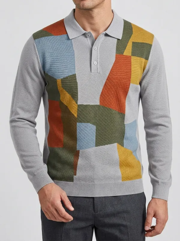 Men's Geometric Colorblock Pattern Printed Long Sleeve Polo Shirt Everyday Design