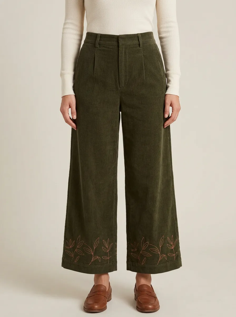 Women's Ribbed Embroidered Leaf Wide-Leg Corduroy Pants