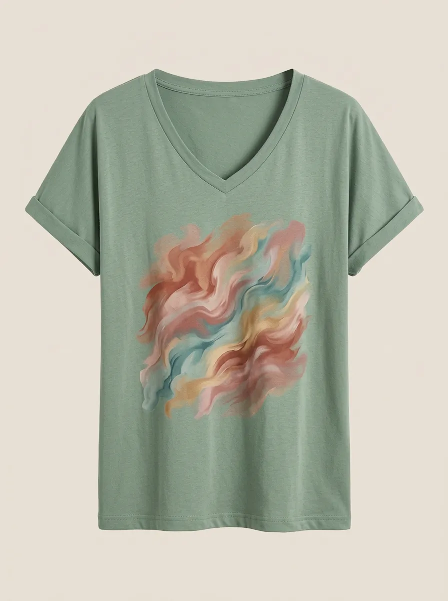 Women's Abstract Art Pastel Swirl Printed V-Neck T-Shirt