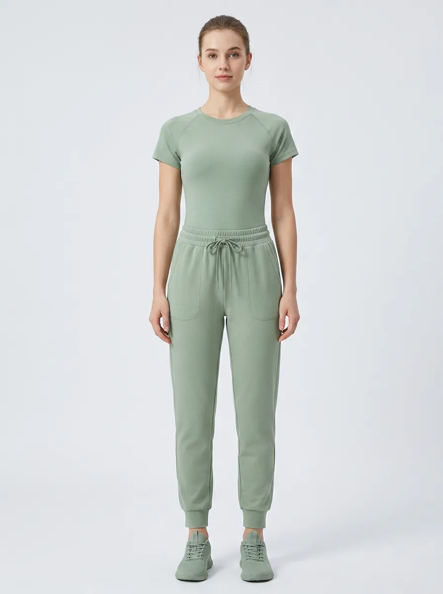 Women's Sage Green Solid Color Minimalist Printed Sportswear Set