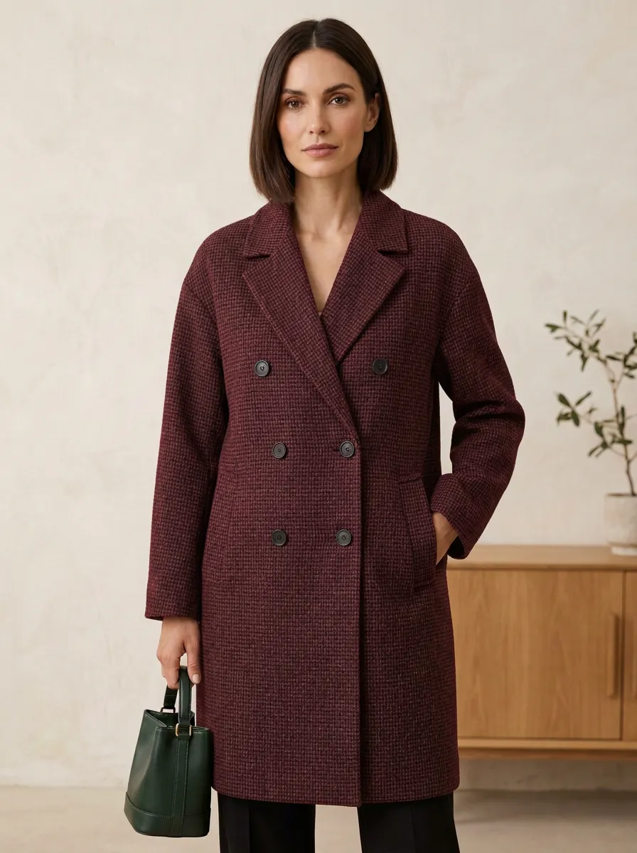 Women's Classic Gray Houndstooth Patterned Double-Breasted Coat
