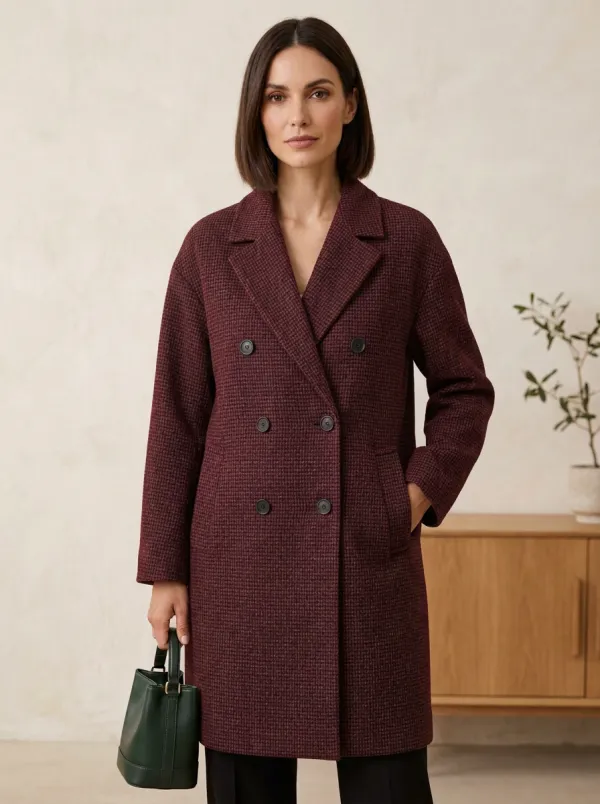 Women's Classic Gray Houndstooth Patterned Double-Breasted Coat