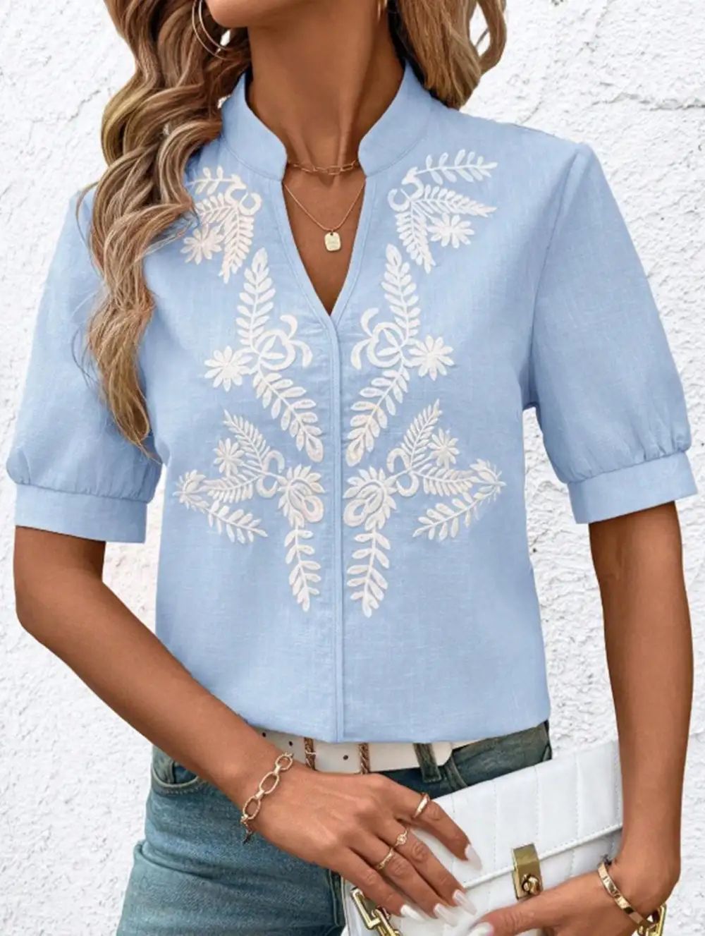 Everyday V Neck Embroidered Blouse