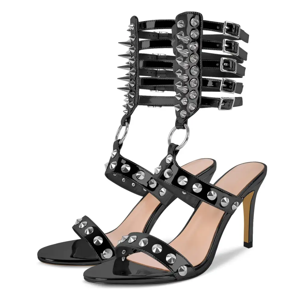 Round Toe Rivet Multi Buckle Strap Sandals