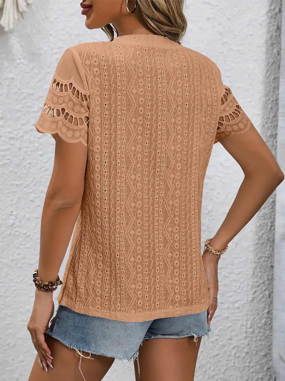 Eyelet Round Neck Short Sleeve Top