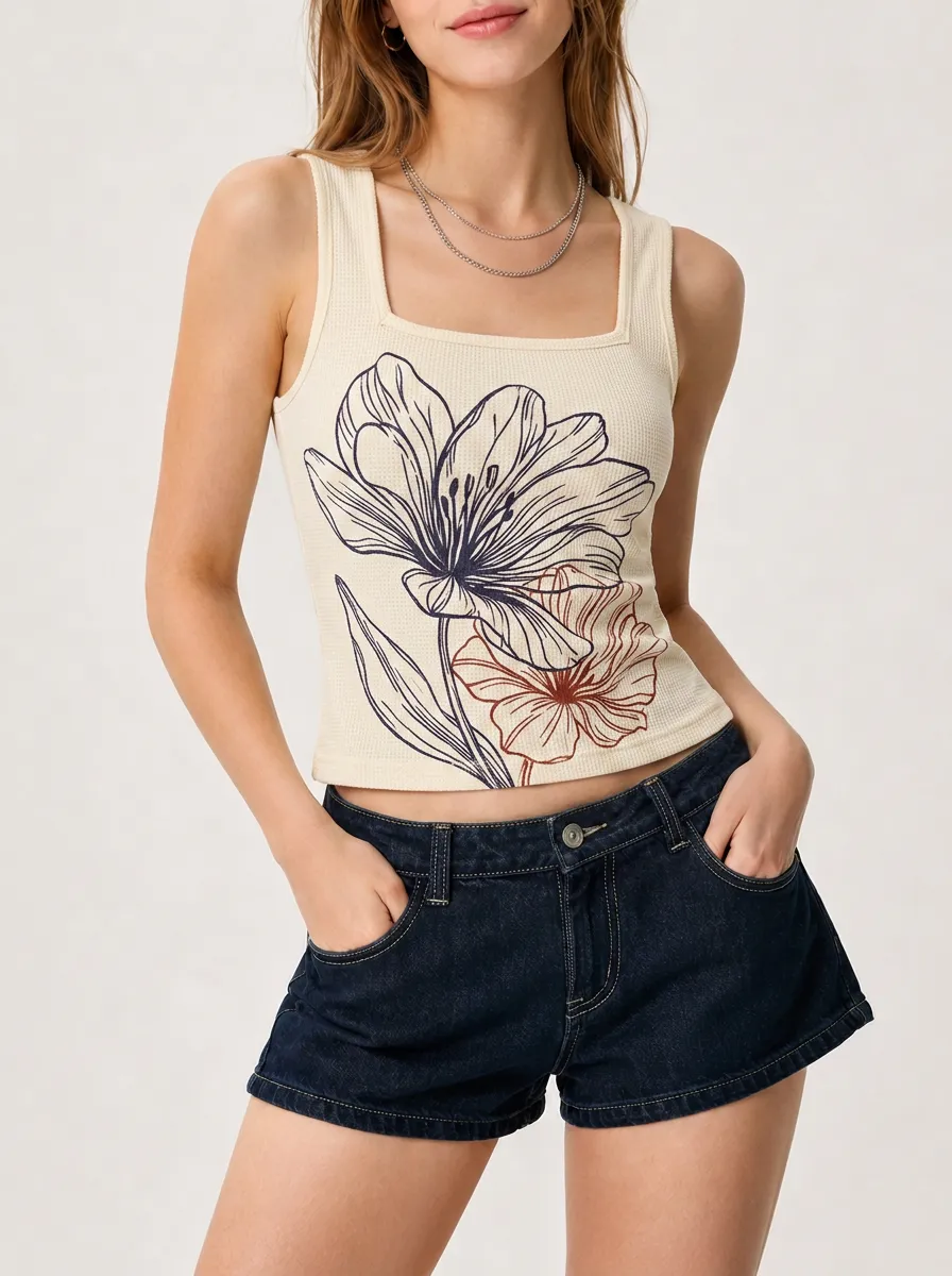 Women's Floral Lover Botanical Line Art Printed Waffle Tank Top