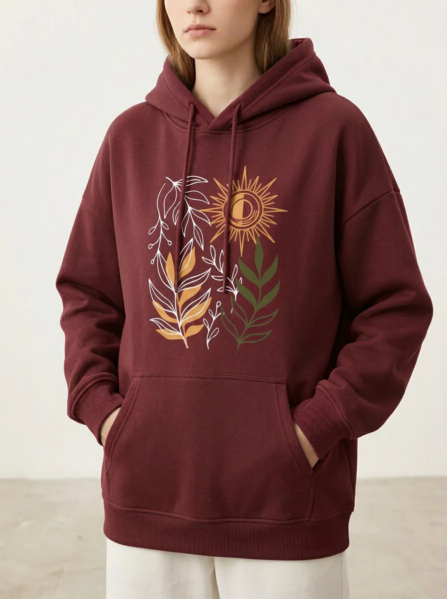 Unisex Boho Sun and Botanical Leaves Hoodie